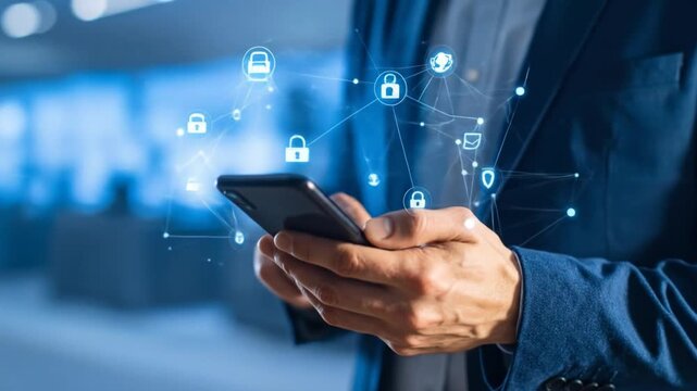 Mobile security concept featuring a businessman using his smartphone in cybersecurity network - Powered by Adobe