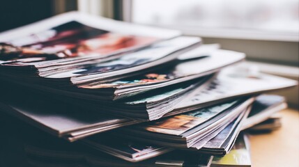 A close-up shot of a stack of glossy magazines resting on a surface near a window, showcasing vibrant colors and textures from the magazine covers