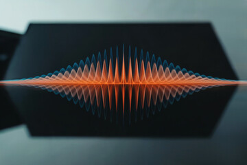 A digital visualization of an audio wave form on a black background. The wave form consists of symmetrical orange and blue peaks arranged in a diamond pattern. 