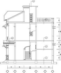 Vector sketch illustration silhouette drawing architectural design interior plan site plan layout section view facade of two-story classic vintage ethnic house with furniture and size scale