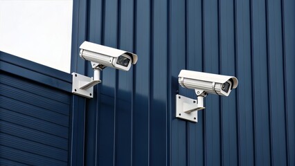 Navy Paneled Wall with Twin Surveillance Cameras for Security-Focused Designs