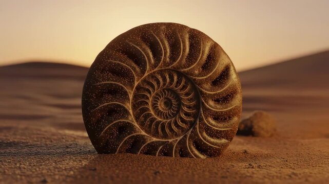 Fossil shell on sand at sunset with golden light, spiral pattern and texture.