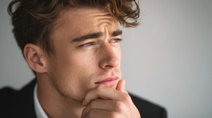 Fototapeta premium A close-up of a Gen Z businessman with a pensive look, caught in a moment of deep thought and reflection.