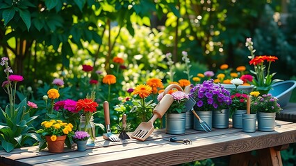 Fototapeta premium Colorful garden flowers and small tools neatly arranged on a wooden bench under soft sunlight.