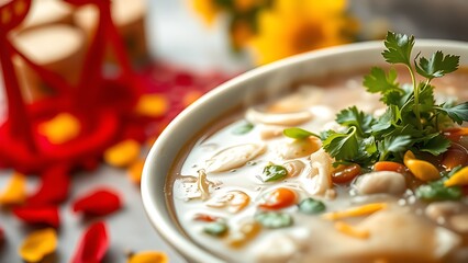 Vietnam National Day flag on silk cushion with bamboo leaves and lanterns