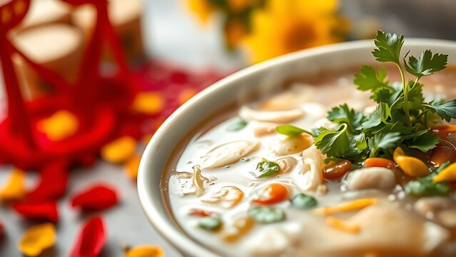 Vietnam National Day flag on silk cushion with bamboo leaves and lanterns
