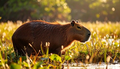 Capybara grazes at golden hour light