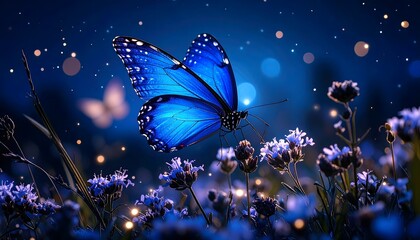 Sparkling Blue Butterflies Fluttering Among Wildflowers at Night. 