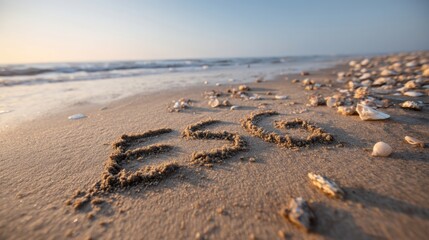 ESG Letters Written in Wet Beach Sand at Sunrise
