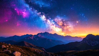 Night sky panorama over mountains. Colorful Milky Way arches across a mountain range at sunrise/sunset.  Stars are visible