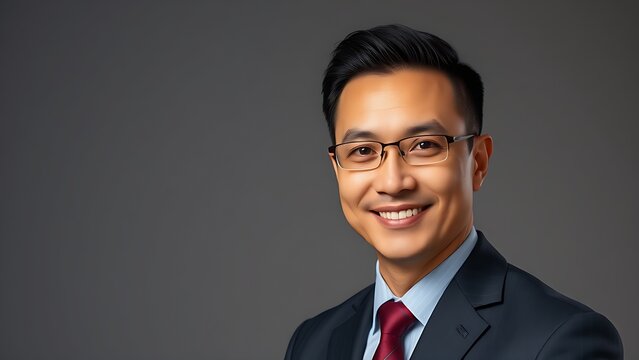 Confident business professional in formal attire, exuding professionalism and approachability in a neutral setting.