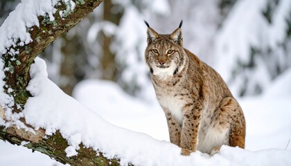 Obraz premium Eurasian lynx sits in a snow laden tree