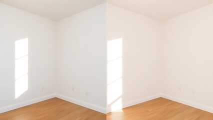 Simple room comparison showing plain walls versus freshly painted walls with natural light.