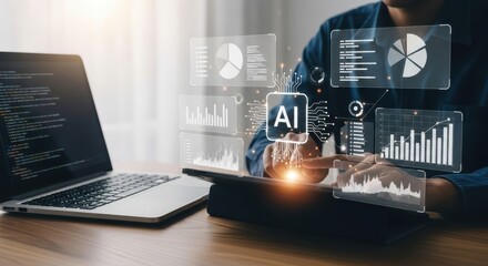 Data analyst interacts with AI visualizations and laptop, displaying growthoriented charts and data