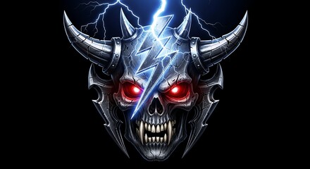 Dark Demonic Skull with Horns Lightning and Red Eyes in Gothic Style