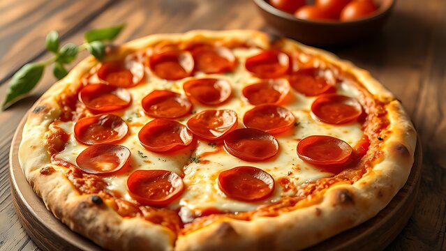 Close-up view of a pepperoni pizza with melted cheese on a rustic wooden table, evoking warmth.