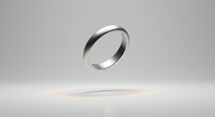 A single silver ring floats above a surface, casting a subtle shadow.