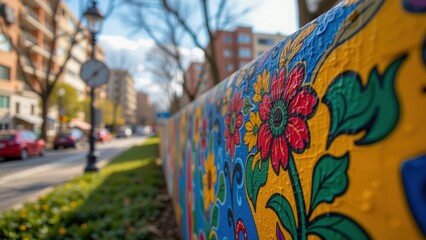 Colorful street art brings city vibes to life in art form, showcasing vibrant flowers and patterns along lively urban sidewalk