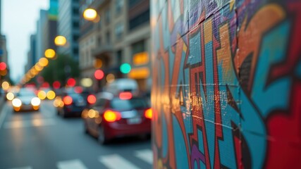 Vibrant city vibes in art form create lively atmosphere as cars pass by colorful street graffiti
