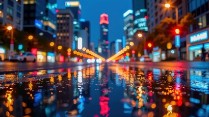 Vibrant city scene captures essence of urban vibes in art form, showcasing reflections of colorful lights on wet pavement