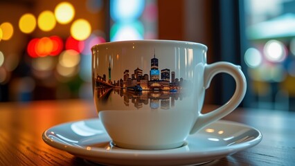 Beautiful cup showcasing city skyline reflects vibrant city vibes in art form, perfect for coffee lovers and urban enthusiasts