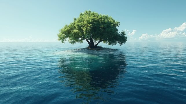 Solitary Tree on a Secluded Island Paradise: A Serene Ocean Escape