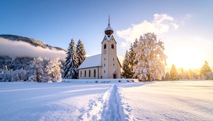 Winter church in snowy landscape