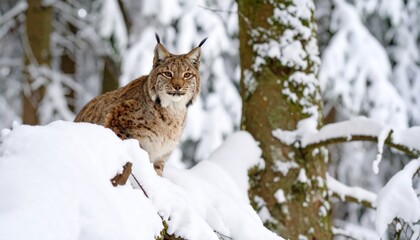 Lynx watching in snowy forest scene.