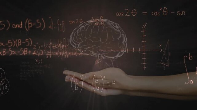 Equation extending on chalkboard leading hand summoning rotating 3D brain with floating formulas