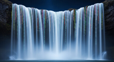 A large waterfall cascading down a rocky cliff face, creating a misty pool at its base.