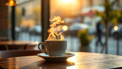 A steaming cup of coffee on a cafe table, warmed by morning sunlight.