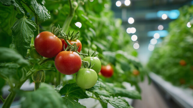 Tomato Harvest: A vibrant display of ripe red and green tomatoes on the vine, showcasing the bounty of a flourishing harvest in a controlled growing environment.