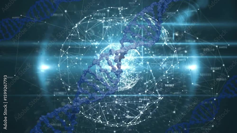 Poster fading 3d sphere pulsing nodes and codes as dna helix spiraling round globe showing data fusion
