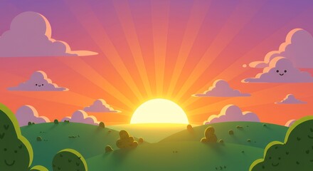 Colorful Cartoon Sunrise Over Green Hills with Smiling Clouds in Bright Sky