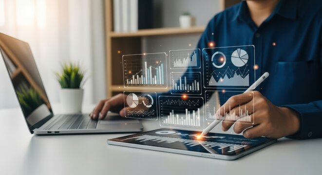 Person works with charts on digital tablet while using laptop nearby on the desk - Powered by Adobe