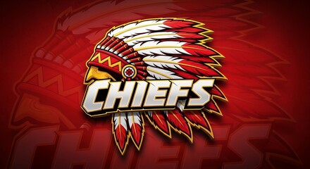 Native American Chief Logo with Feathers and Bold Text on Red Background