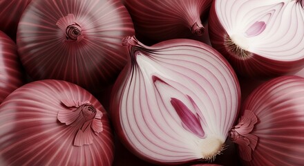 Red Onions with Cut Half Showing Layers and Root in Dark Background