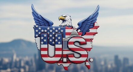 U S Flag Map with Bald Eagle and Capitol Building in Sky