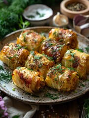 plate of Ukrainian holubtsi cabbage rolls, rustic table, cozy setting, realistic style, soft natural lighting, earthy green and beige tones, top-down view with negative space in center