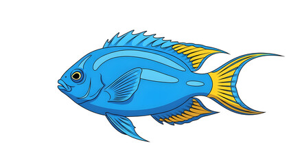 Vibrant Blue Fish Illustration with Yellow Fins Isolated on White Background