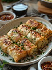plate of Ukrainian holubtsi cabbage rolls, rustic table, cozy setting, realistic style, soft natural lighting, earthy green and beige tones, top-down view with negative space in center,