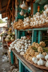 rustic Ukrainian market stall with braided garlic, outdoor village scene, realistic style, bright daylight, earthy brown and green tones, angled composition with negative space at top