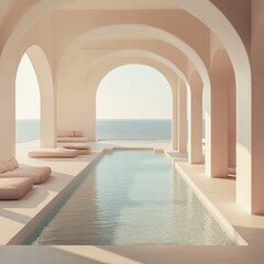 Stunning shot of interior design, a white pool house with a pool and arches in the background, a sea view, pastel colors, an aesthetic, soft light,