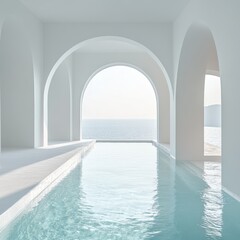 Stunning shot of interior design, a white pool house with a pool and arches in the background, a sea view, pastel colors, an aesthetic, soft light, a dreamy atmosphere, an interior architecture 