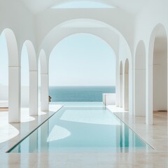 Stunning shot of interior design, a white pool house with a pool and arches in the background, a sea view, pastel colors, an aesthetic, soft light, a dreamy atmosphere, an interior architecture