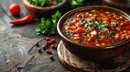 traditional Ukrainian borschok soup in clay pot, wooden table, realistic style, soft evening light, earthy red and beige tones, top-down view with negative space in center