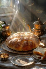 traditional Ukrainian wedding bread korovai, ornate table, realistic style, warm sunlight, neutral beige and gold tones, centered composition with negative space around,
