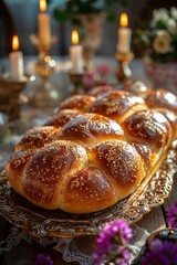 traditional Ukrainian wedding bread korovai, ornate table, realistic style, warm sunlight, neutral beige and gold tones, centered composition with negative space around