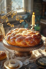 traditional Ukrainian wedding bread korovai, ornate table, realistic style, warm sunlight, neutral beige and gold tones, centered composition with negative space around