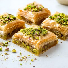 Turkish baklava slices with crushed pistachios scattered on a white background